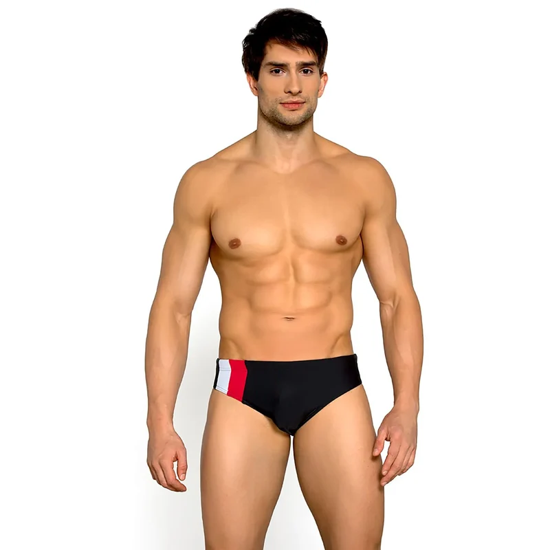 Slip de bain homme moderne sportif couleur noire bandes latérales rouge blanc taille élastique plage piscine