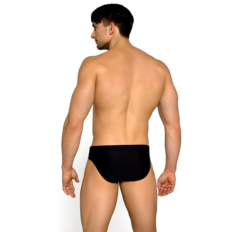 Slip de bain homme moderne sportif couleur noire bandes latérales rouge blanc taille élastique plage piscine