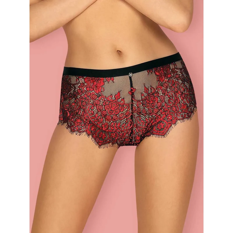 shorty dentelle florale rouge noir profond satin noeud ultra sexy transparent cils finitions extensible confortable seconde peau maintien glamour féminine