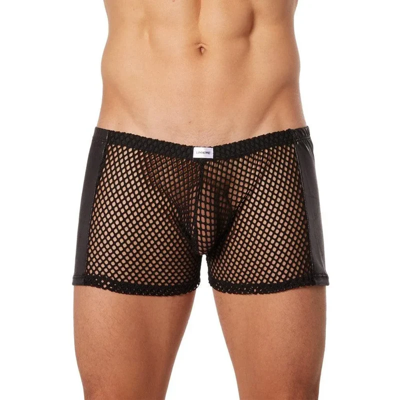 boxer homme noir filet simili cuir sexy érotique moulant ajusté respirant extensible nylon élasthanne séduction transparent couture maintien taille basse