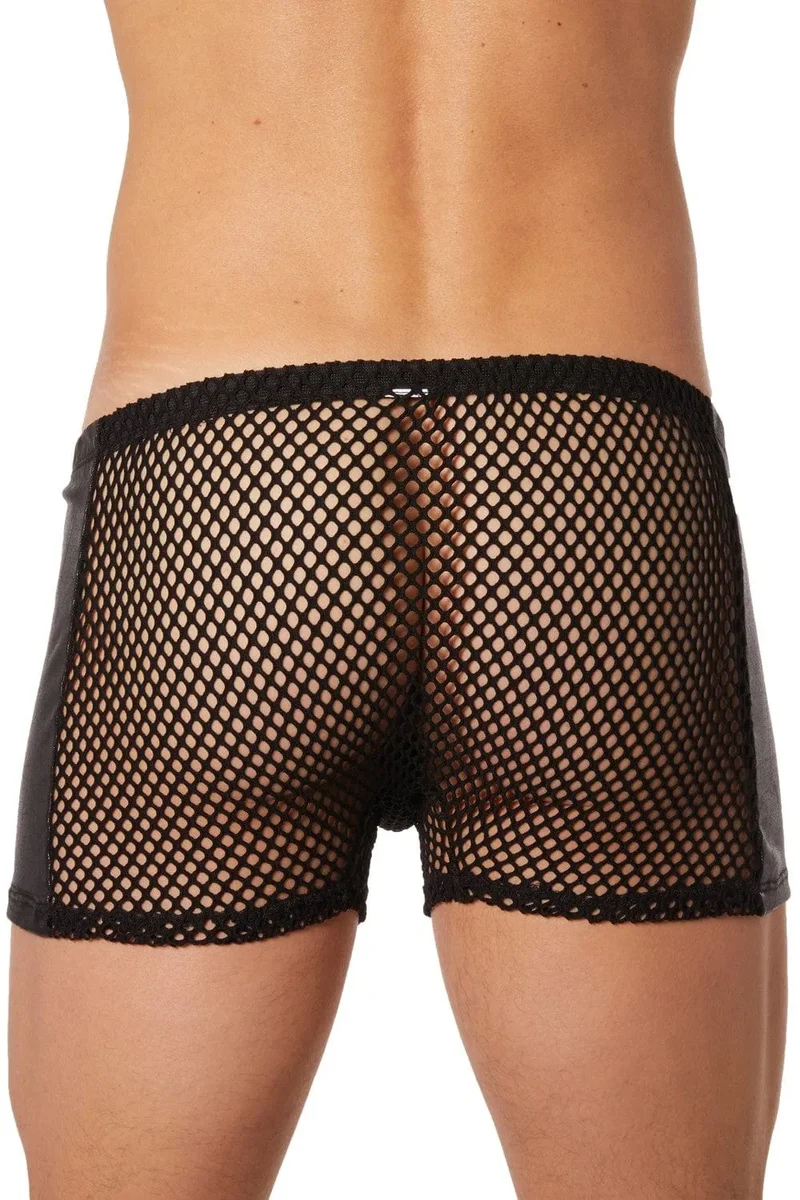 boxer homme noir filet simili cuir sexy érotique moulant ajusté respirant extensible nylon élasthanne séduction transparent couture maintien taille basse