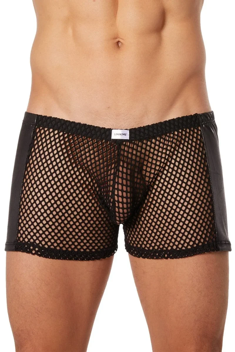 boxer homme noir filet simili cuir sexy érotique moulant ajusté respirant extensible nylon élasthanne séduction transparent couture maintien taille basse