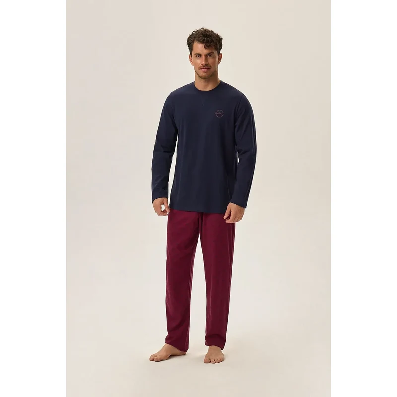 pyjama homme confortable élégant bicolore coton doux respirant manches longues coupe ample pantalon droit taille élastique bleu marine bordeaux durable
