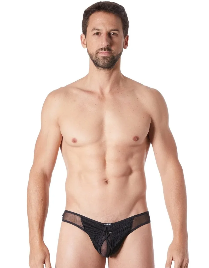 string ouvert homme sexy provocateur noir maille fine transparence tanga arrondi arrière doublé opacité lacet réglable polyester elasthanne blanc rouge