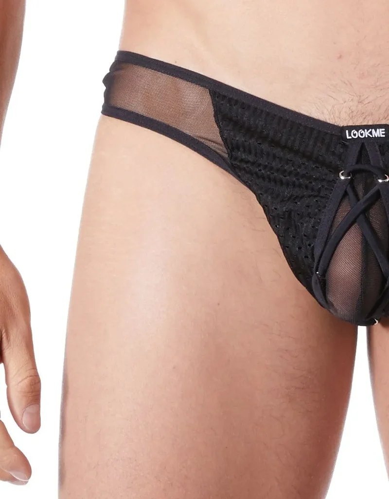 string ouvert homme sexy provocateur noir maille fine transparence tanga arrondi arrière doublé opacité lacet réglable polyester elasthanne blanc rouge