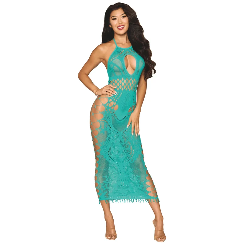 robe longue résille turquoise attache cou nylon élasthanne fantaisie extensible moulante ajustable sexy glamour soirée plage tailleunique chic