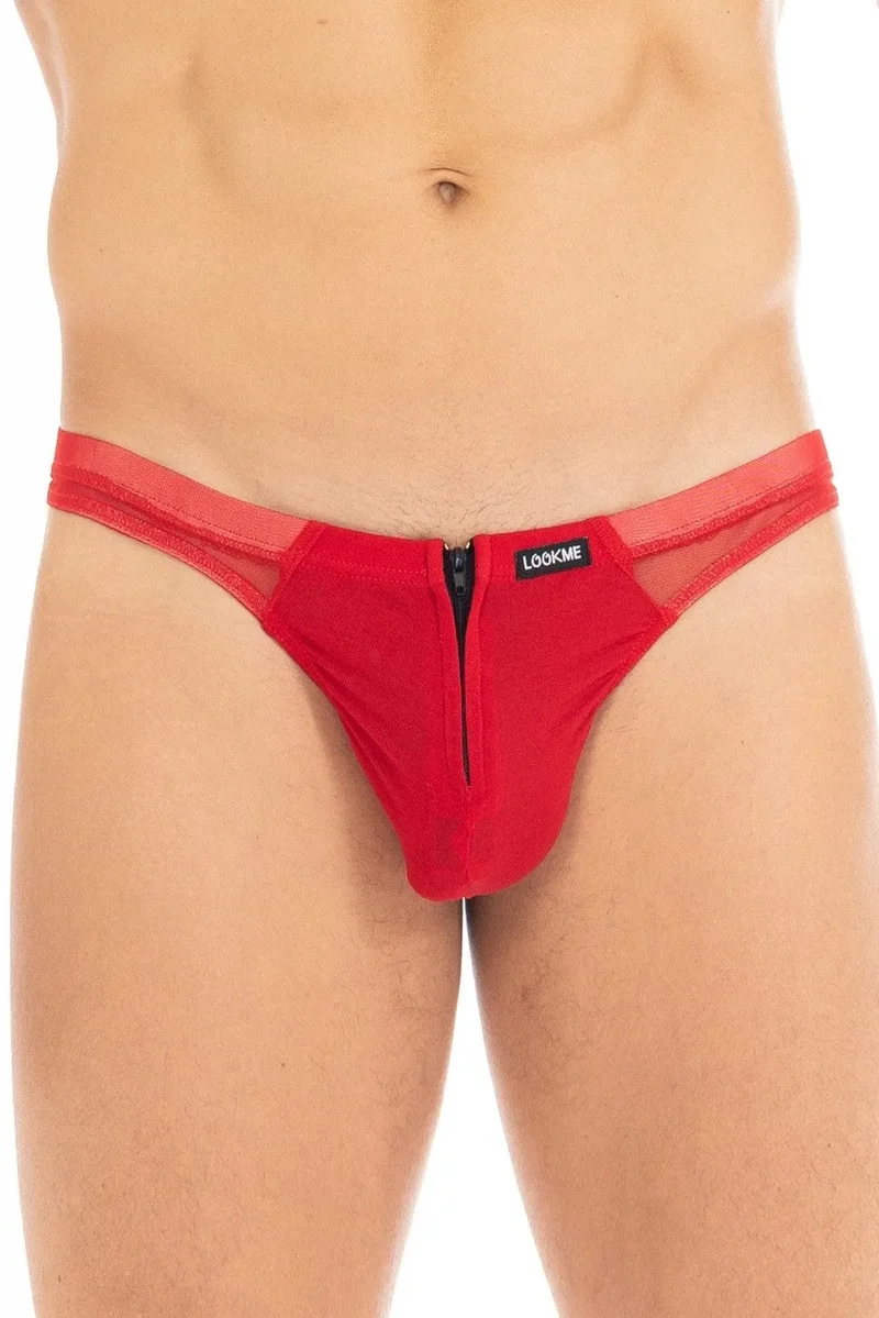 string rouge masculin zippé avant arrière alternant opaque transparent polyamide élasthanne extensible confortable moulant audacieux érotique séduction