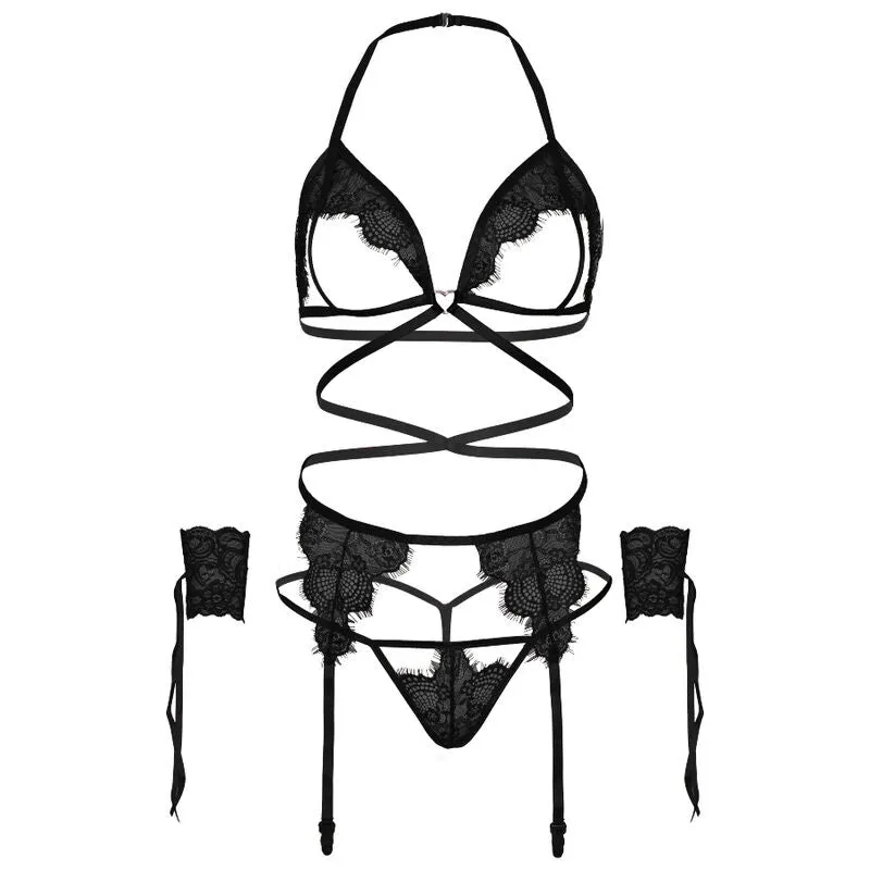 ensemble lingerie sexy dentelle cils bonnets ouverts noir résille portejarretelles string poignets anneau coeur nylon boîte luxe