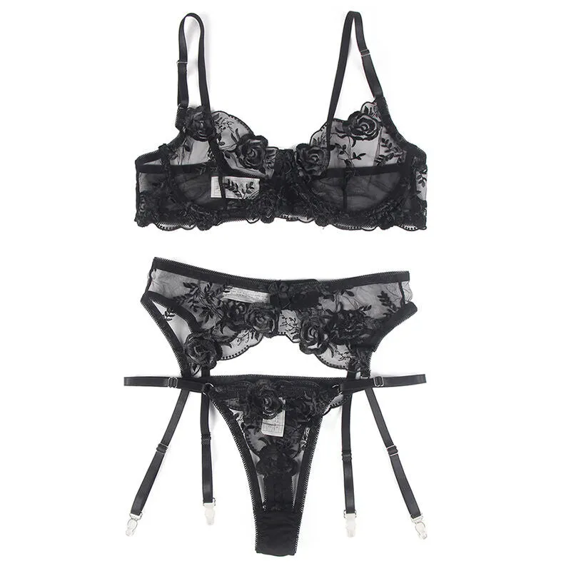 ensemble lingerie noir sexy trois pièces imprimé floral grande taille dentelle extensible satiné confortable maintien optimal glamour raffiné