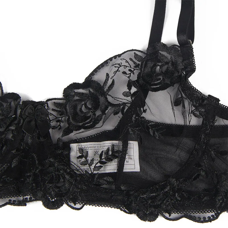 ensemble lingerie sexy trois pièces noir floral confort haute qualité extensible microfibre doux soutien gorge tanga jarretière américain élégant sensuel