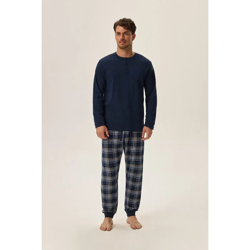pyjama homme coton confortable manches longues bleu marine bas carreaux bicolore haut uni col rond boutonnage respirant doux universel intemporel