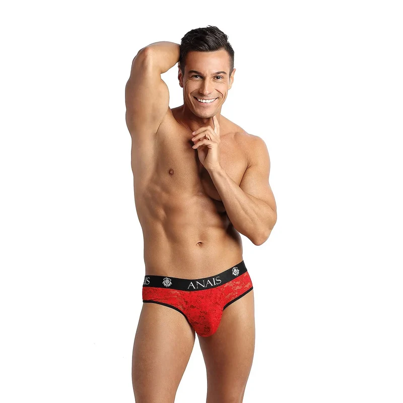 string slip masculin dentelle rouge motifs floraux élégant séduisant bande élastique noire logo ANAIS blanc ajusté confortable extensible maintien sensuel