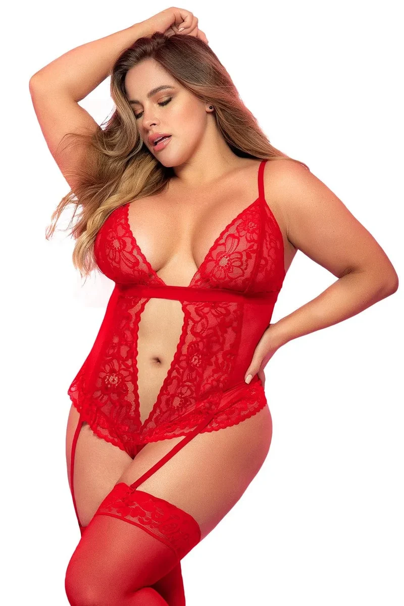 justaucorps taille plus rouge dentelle résille sensuel élégant raffiné sexy portejarretelles réglable extensible confortable polyamide élasthanne qualité courbes