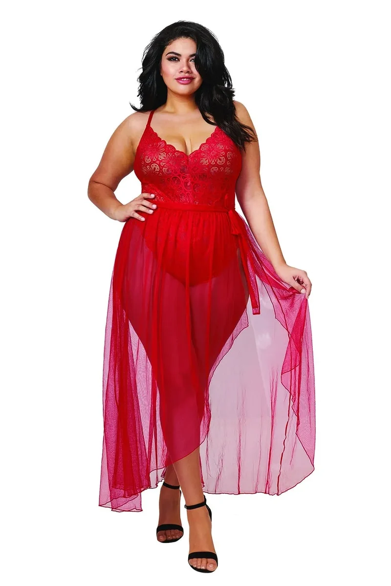Body Grande Taille Rouge Dentelle Sexy Femme Ronde Coupe Échancrée Hanches Dos Quasi Nu Bretelles Réglables Jupe Longue Maille Transparente