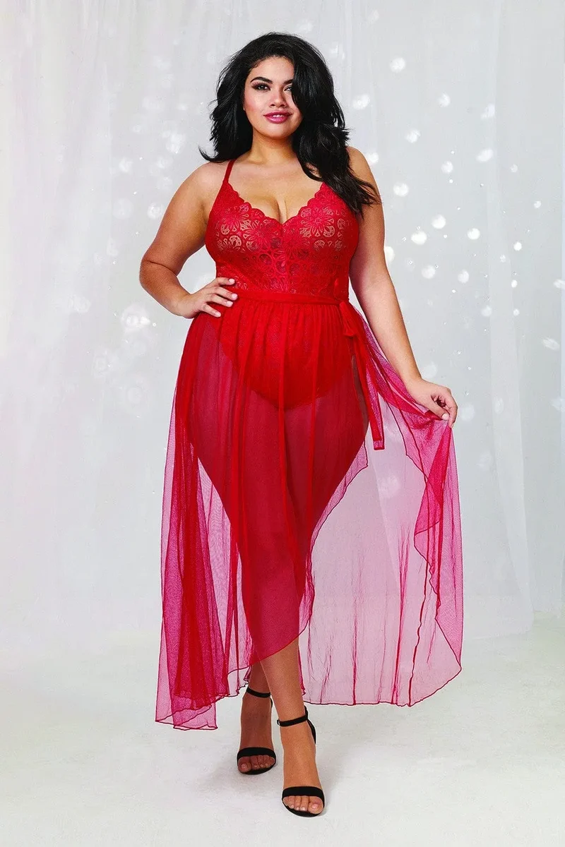 Body Grande Taille Rouge Dentelle Sexy Femme Ronde Coupe Échancrée Hanches Dos Quasi Nu Bretelles Réglables Jupe Longue Maille Transparente