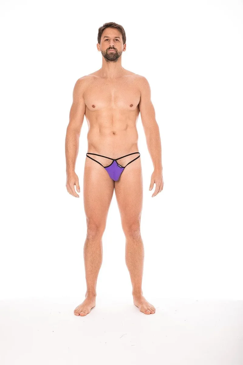Mini string violet homme sexy multiple ficelles poche goutte maintien confortable sensuel séducteur polyamide 80 élasthanne 20 collection lingerie
