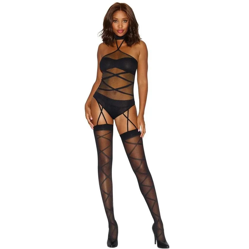 Combinaison bodystocking moulante sexy noire résille laçage jarretelles bretelles réglables extensible élasthanne polyamide coupe sculptante tailles variées soirées sensuelle