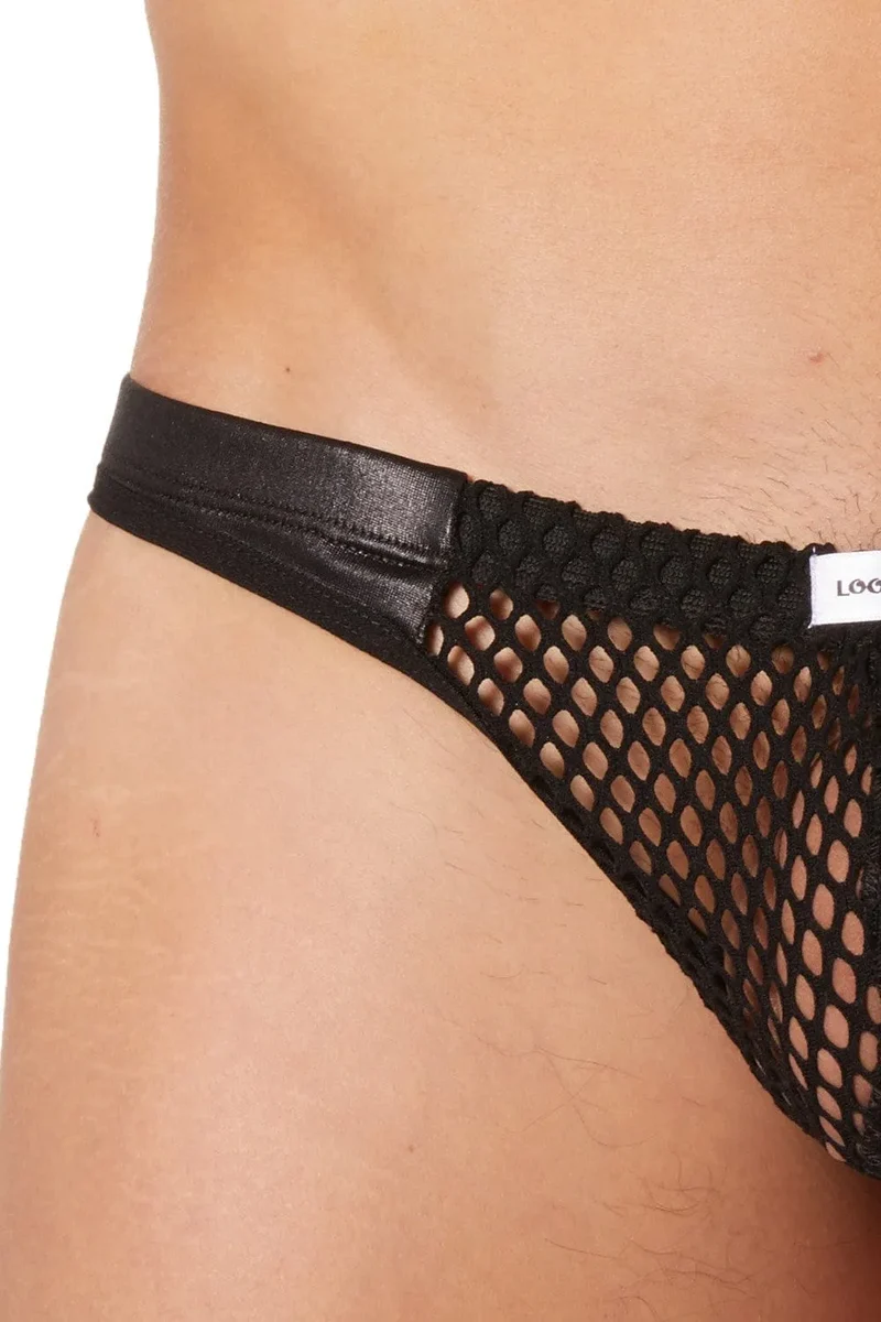 string similicuir noir érotique sexy filet devant derrière bandes latérales nylon élasthanne extensible confortable chic séduction