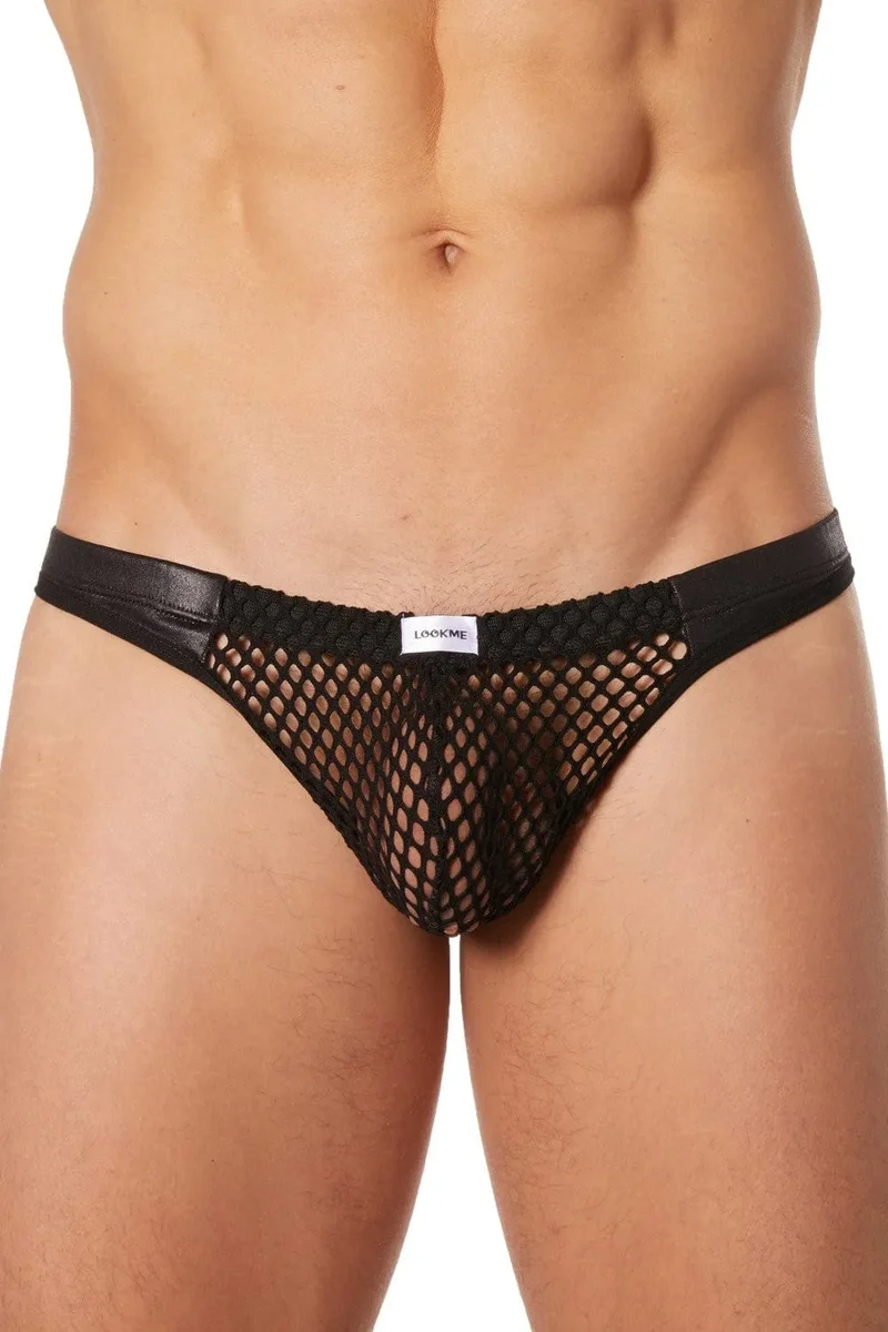 string similicuir noir érotique sexy filet devant derrière bandes latérales nylon élasthanne extensible confortable chic séduction