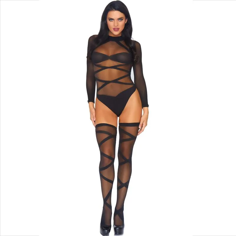 body transparent opaque deux pièces bas cuissardes noir blanc élégance féminité sensualité nylon taille unique confort moulant silhouette soirée intime