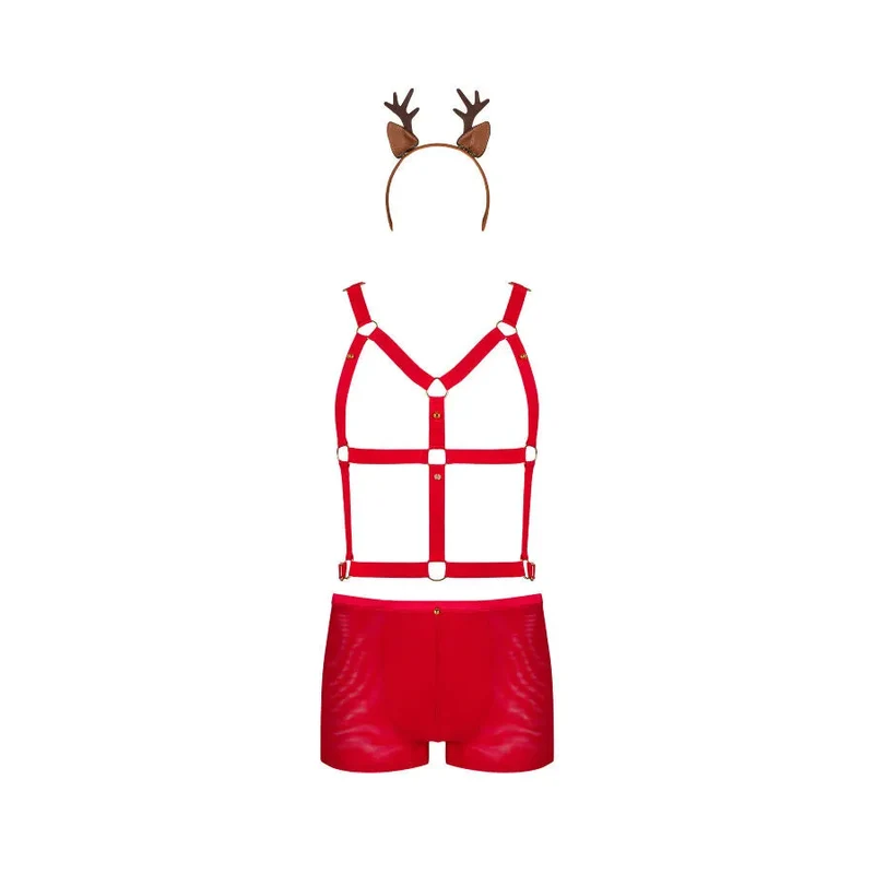 ensemble lingerie sexy rouge harnais réglable oreilles renne bandeau culotte maille élastique maintien confortable séduisant fantaisie glamour ajustable