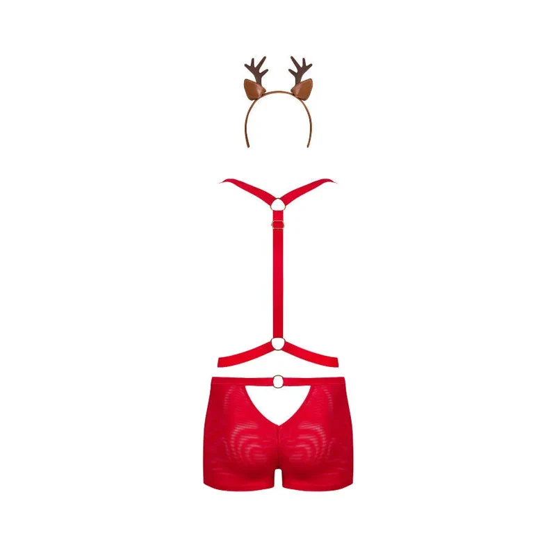 ensemble lingerie sexy rouge harnais réglable oreilles renne bandeau culotte maille élastique maintien confortable séduisant fantaisie glamour ajustable
