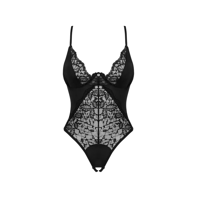 Teddy lingerie noire dentelle florale ouvert Bellastia sexy confortable ajustable bretelles réglables bonnets armatures soutien pendentif brillant élégant