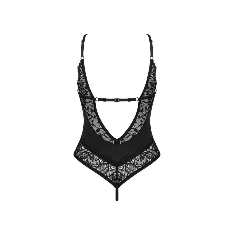 Teddy lingerie noire dentelle florale ouvert Bellastia sexy confortable ajustable bretelles réglables bonnets armatures soutien pendentif brillant élégant