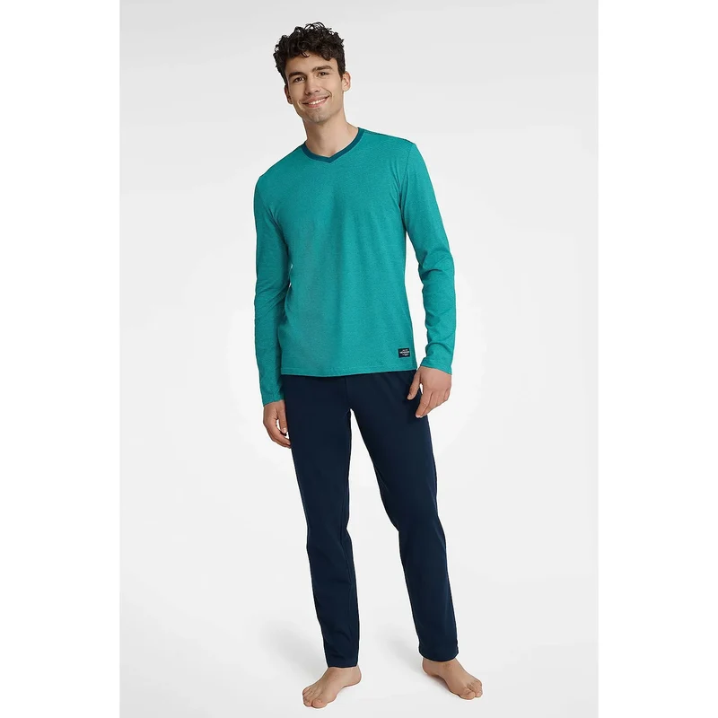 pyjama homme coton biologique manches longues encolure pantalon taille élastique coupe droite turquoise marine logo discret confort respirant