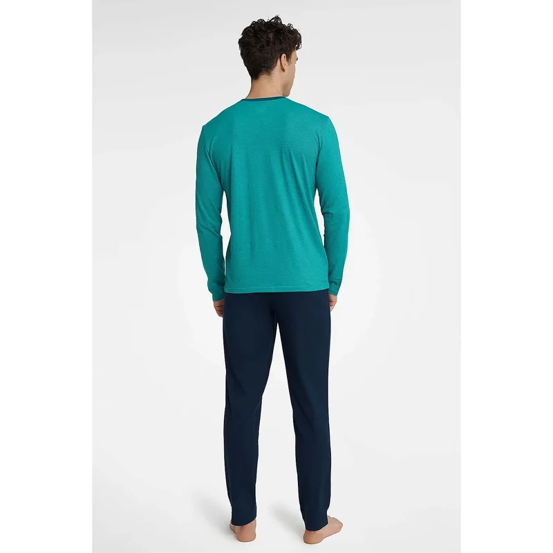 pyjama homme coton biologique manches longues encolure pantalon taille élastique coupe droite turquoise marine logo discret confort respirant