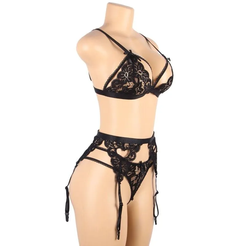 ensemble lingerie trois pièces noir sexy confortable Subblime femmes élégantes soutien gorge porte jarretelles string doux extensible polyester élasthanne