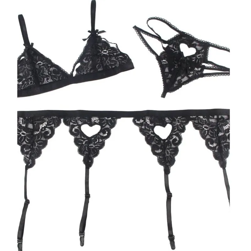 ensemble lingerie trois pièces noir sexy confortable Subblime femmes élégantes soutien gorge porte jarretelles string doux extensible polyester élasthanne