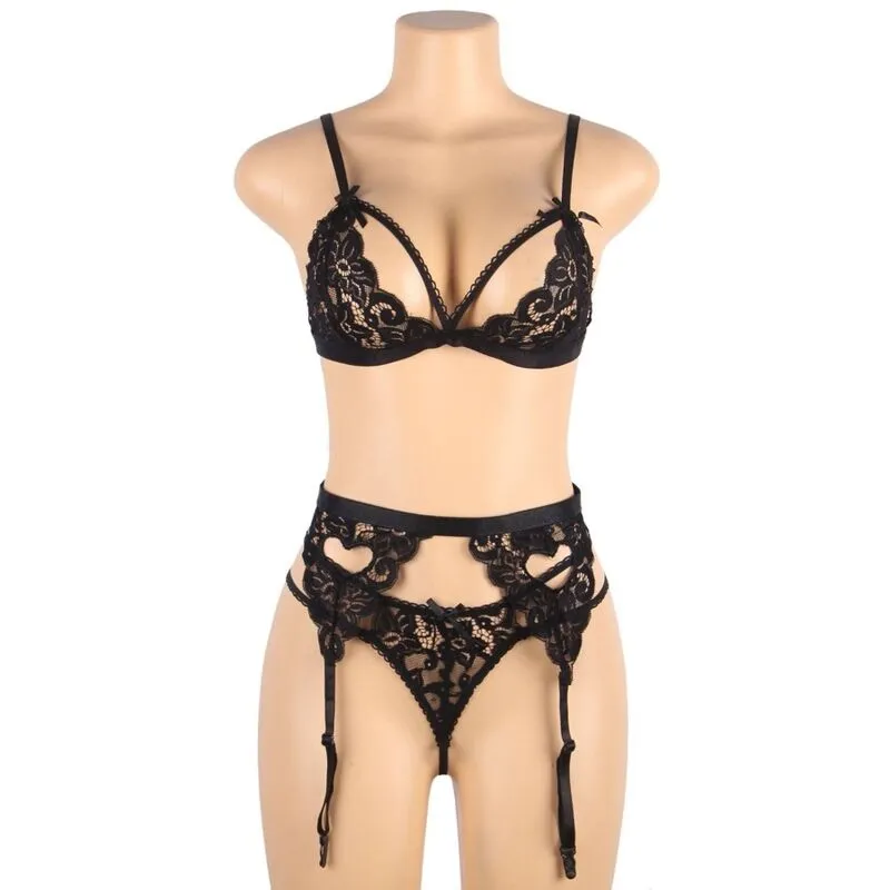 ensemble lingerie trois pièces noir sexy confortable Subblime femmes élégantes soutien gorge porte jarretelles string doux extensible polyester élasthanne