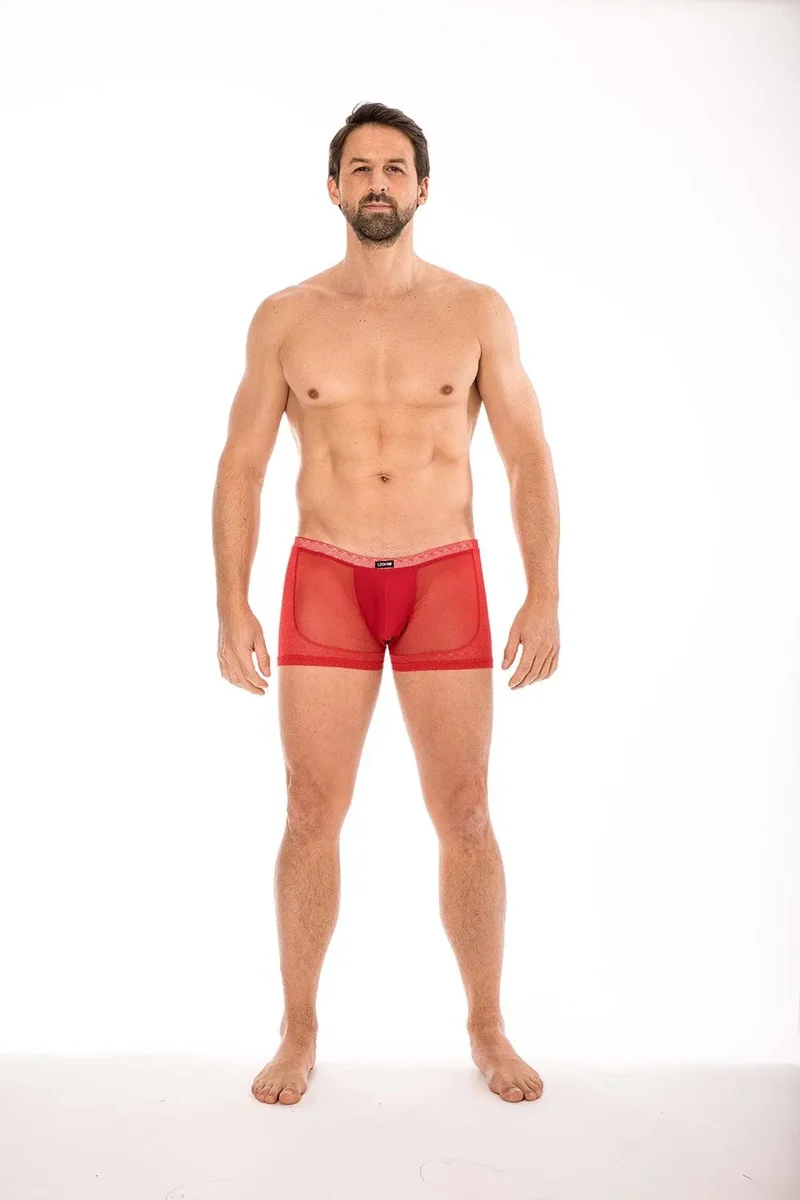 boxer rouge transparent résille dentelle sensuel élégant séduisant confortable extensible respirant polyamide élasthanne élastique moulant sexy