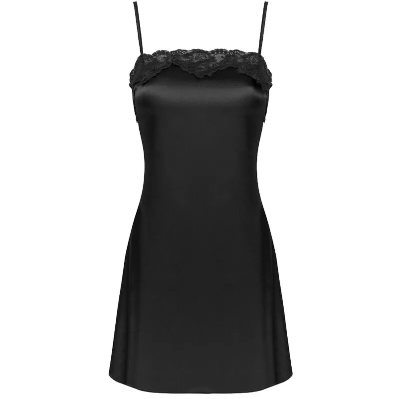 ensemble lingerie satin noir brillant dentelle Livco Corsetti peignoir nuisette string bretelles réglables mi cuisse sensuel glamour raffiné