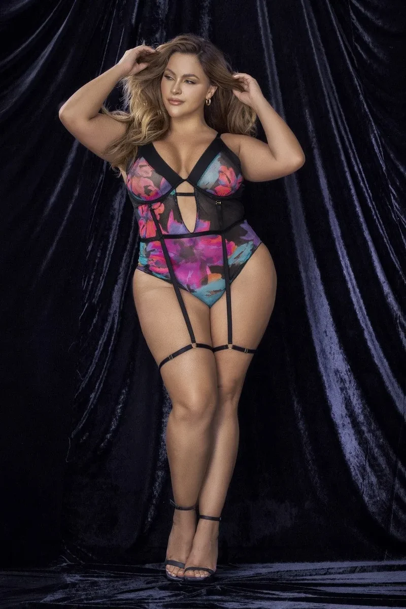 Body grande taille noir imprimé fleurs exotiques bonnets armatures bretelles réglables porte jarretelles amovibles fermeture réglable entrejambe douceur extensible maintien