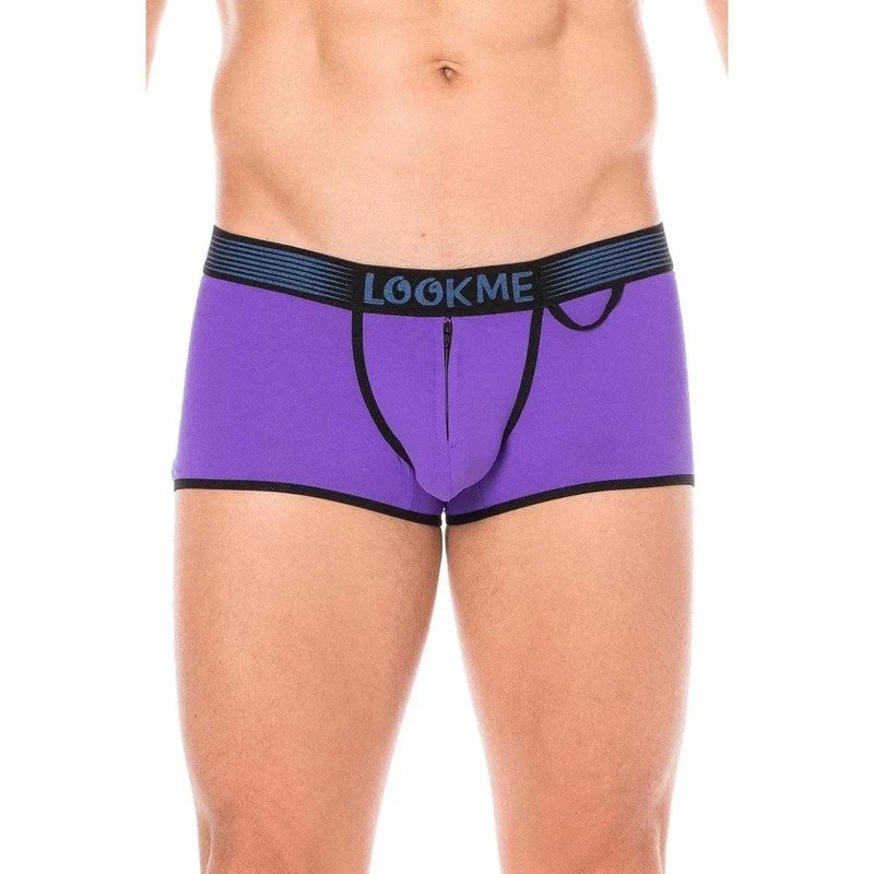 Culotte mini échancrée violette urbaine lingerie tendance audacieuse ceinture large élastique noire inscription contrastée fermeture éclair sécurité intérieure anneau latéral