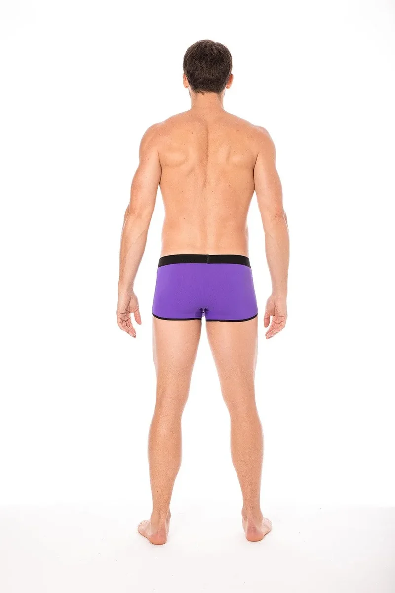 Culotte mini échancrée violette urbaine lingerie tendance audacieuse ceinture large élastique noire inscription contrastée fermeture éclair sécurité intérieure anneau latéral