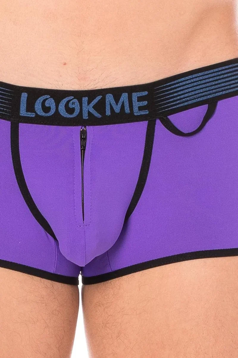 Culotte mini échancrée violette urbaine lingerie tendance audacieuse ceinture large élastique noire inscription contrastée fermeture éclair sécurité intérieure anneau latéral