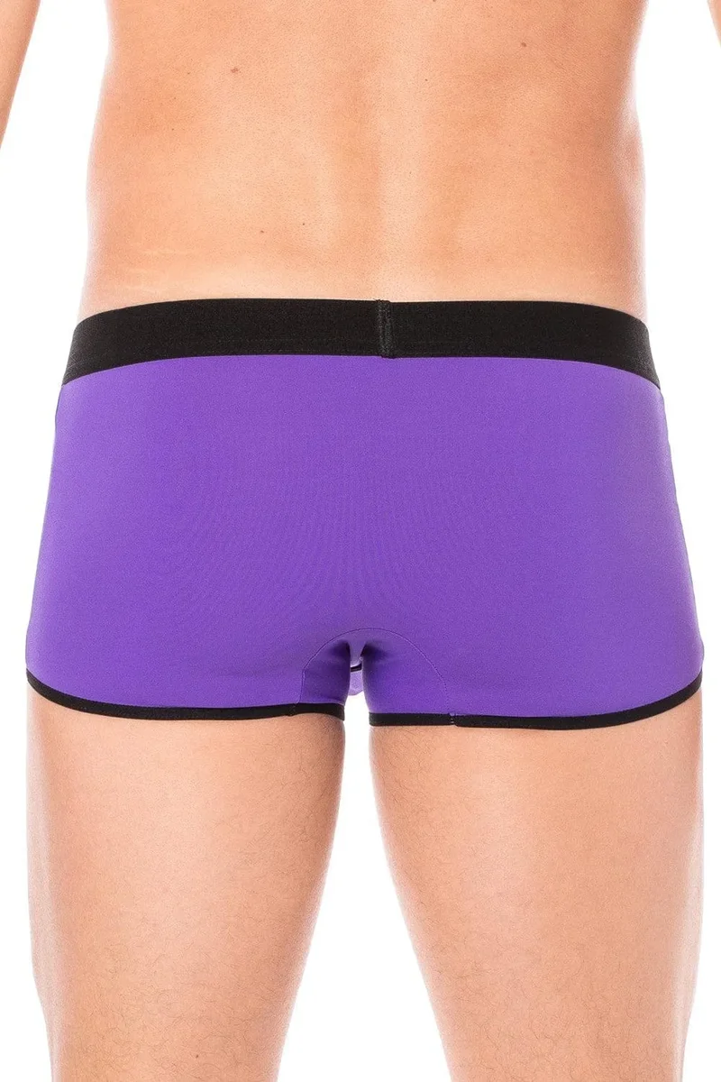 Culotte mini échancrée violette urbaine lingerie tendance audacieuse ceinture large élastique noire inscription contrastée fermeture éclair sécurité intérieure anneau latéral