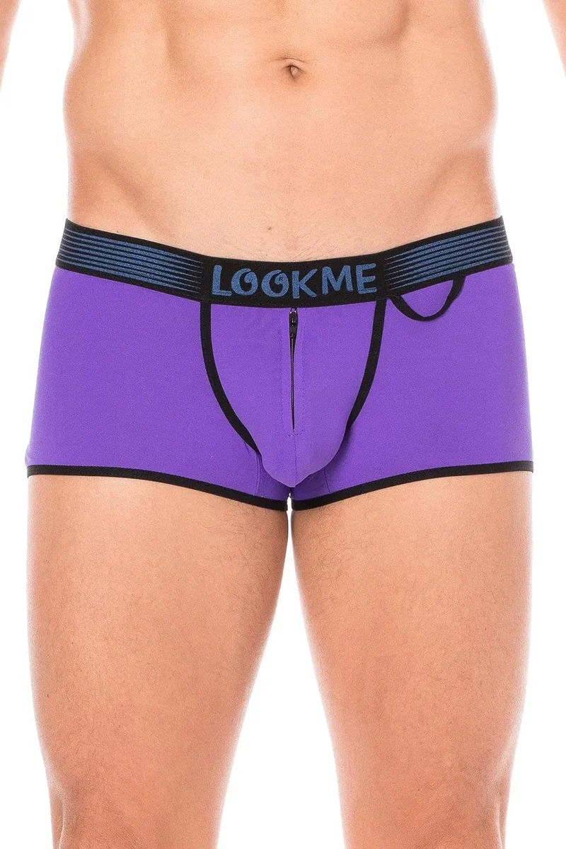 Culotte mini échancrée violette urbaine lingerie tendance audacieuse ceinture large élastique noire inscription contrastée fermeture éclair sécurité intérieure anneau latéral