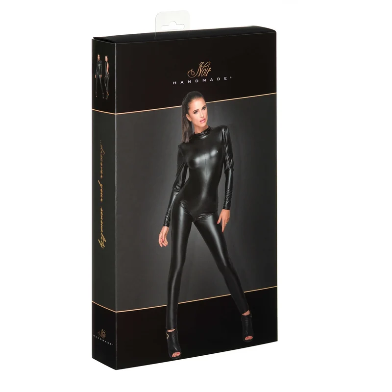 Combinaison élastique sexy cristaux scintillants fermeture éclair entrejambe décolleté plongeant dos épaulettes ajustement silhouette noire glamour