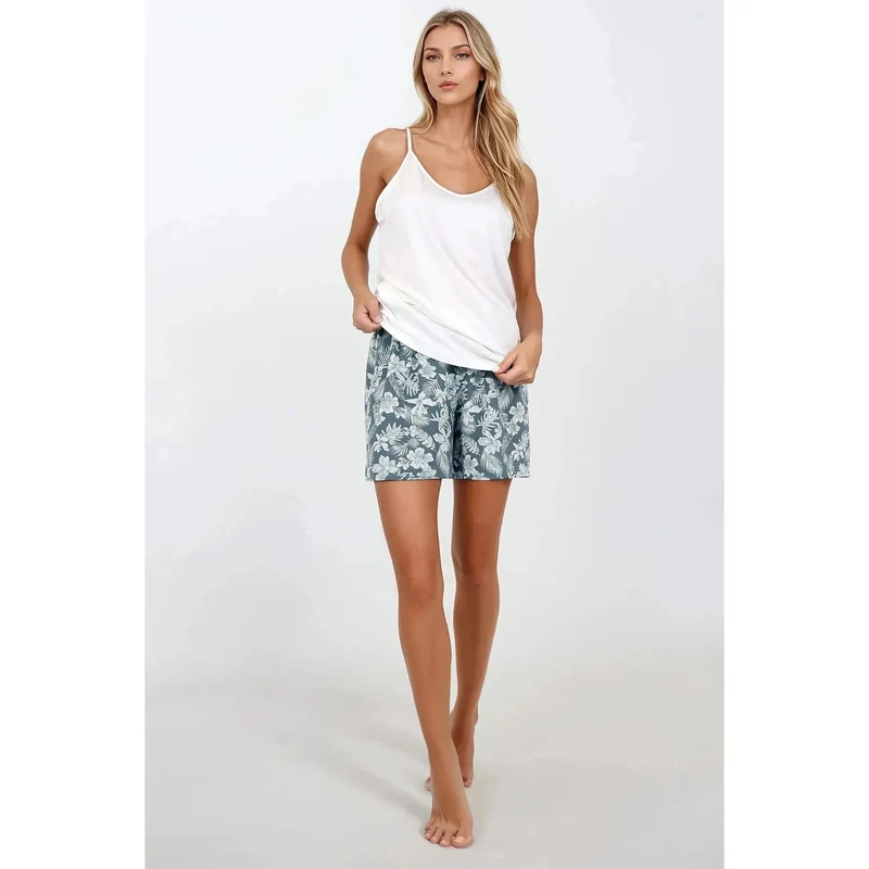 pyjama féminin élégant confortable coton léger respirant surdimensionné ample débardeur bretelles fines décolleté plongeant short motif floral gris bleu détente