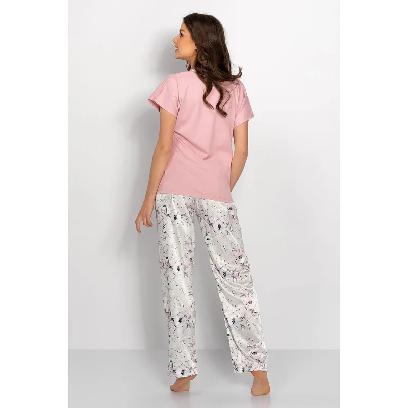pyjama élégant satin floral pastel haut coton extensible encolure V manches courtes pantalon fluide polyester coupe ample galbée confort hypoallergénique