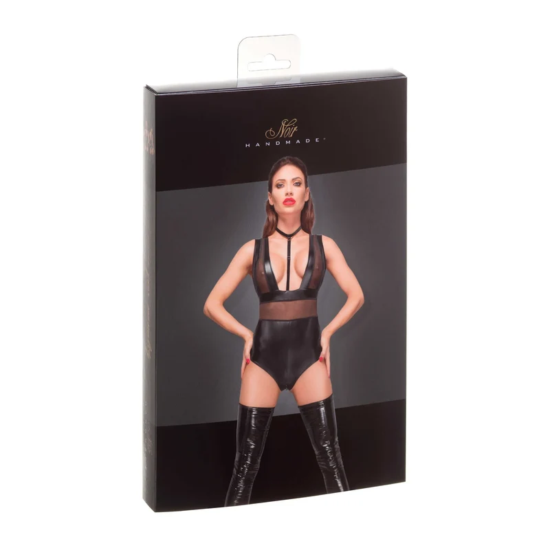 body powerwetlook élastique powernet tulle transparent bretelles larges maintien tour cou velours ajustable fermeture éclair discrète moulant sculptant noir tailles