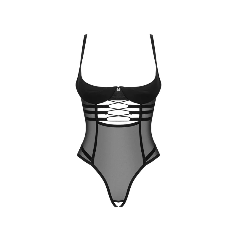 body ouvert sexy Roxelia noir maille raffinée détails argent pendentif bonnets armatures maintien impeccable bretelles réglables fermeture multiniveaux tailles disponibles