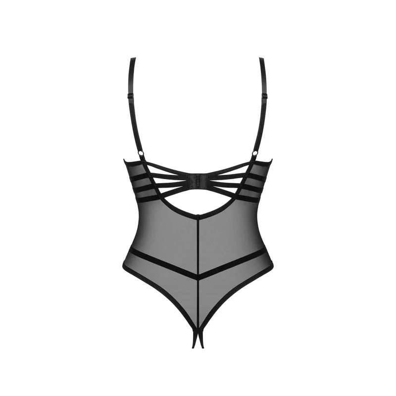 body ouvert sexy Roxelia noir maille raffinée détails argent pendentif bonnets armatures maintien impeccable bretelles réglables fermeture multiniveaux tailles disponibles
