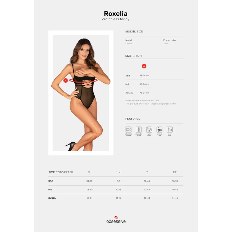 body ouvert sexy Roxelia noir maille raffinée détails argent pendentif bonnets armatures maintien impeccable bretelles réglables fermeture multiniveaux tailles disponibles