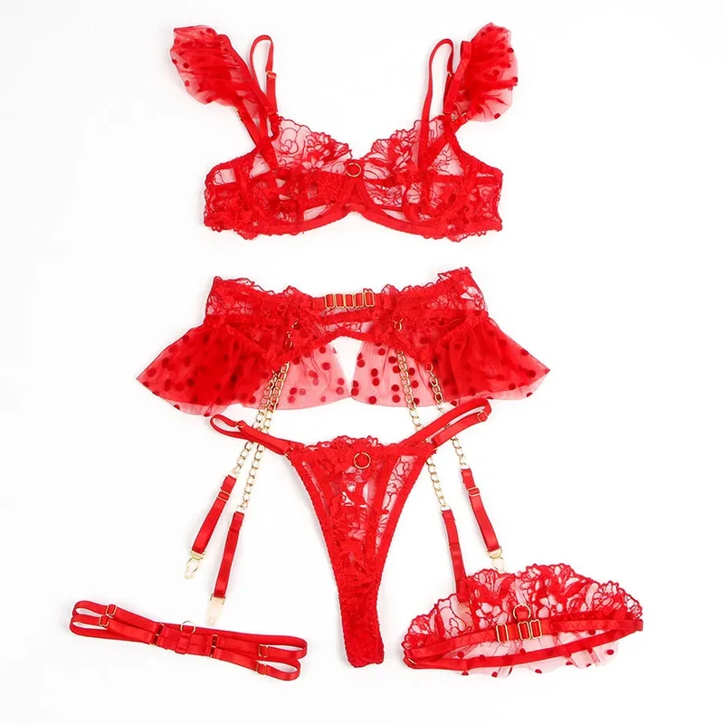 Ensemble lingerie dentelle rouge sexy portejarretelles ajustables floral soutiengorge bretelles réglables maintien confortable élasthanne polyester luxueux glamour taille S M