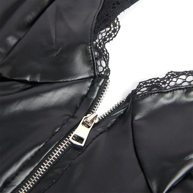 ensemble lingerie dentelle noire similicuir brillant portejarretelles réglables fermetureéclair avant sensuelle séduisante élégante sophistiquée moulante polyester élasthanne soirée